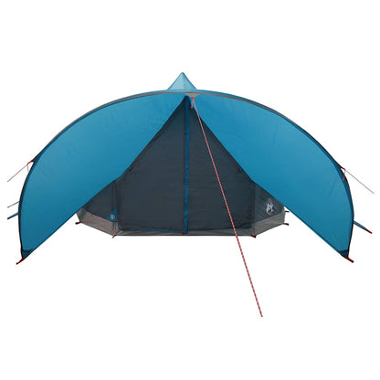 Zijaanzicht van de vidaXL Teepee Tent in blauw en grijs, met open ingang en tentlijnen.