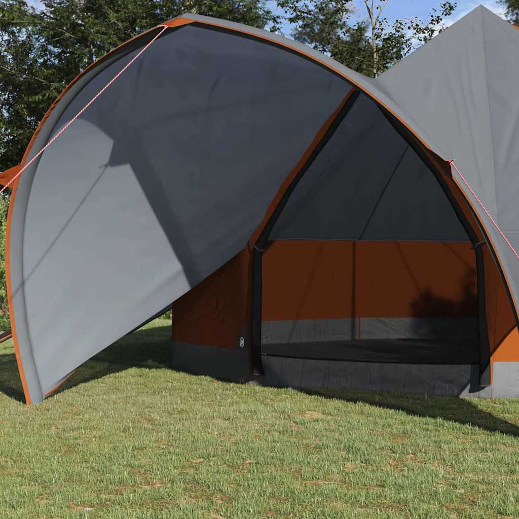 Detail van de openstaande ingang van de vidaXL Teepee Tent in grijs en oranje.