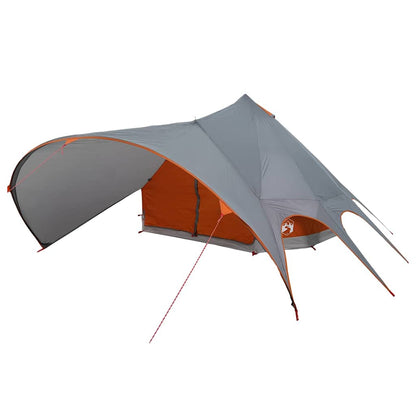 Detail van de grijze vidaXL Teepee Tent met oranje accenten en ingangen.