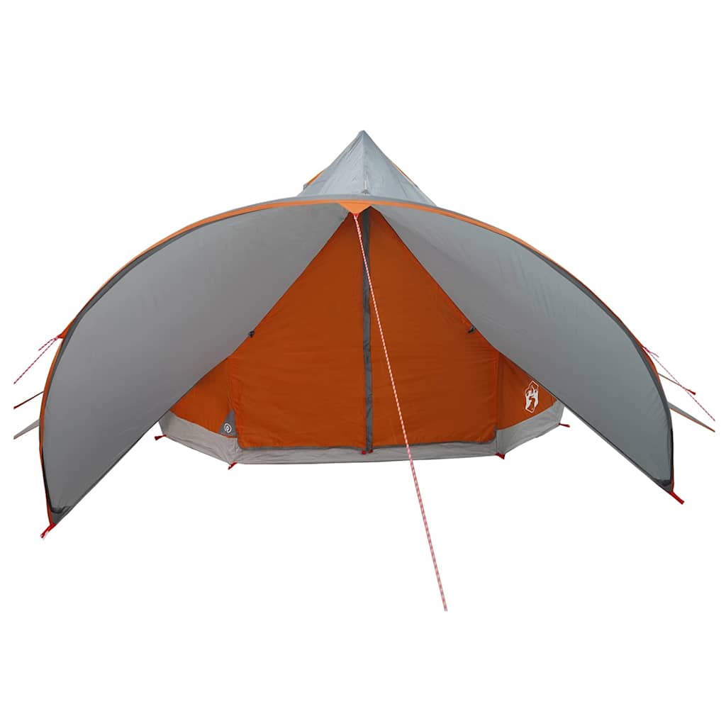 Achteraanzicht van de vidaXL Teepee Tent in grijs en oranje met open ingang.