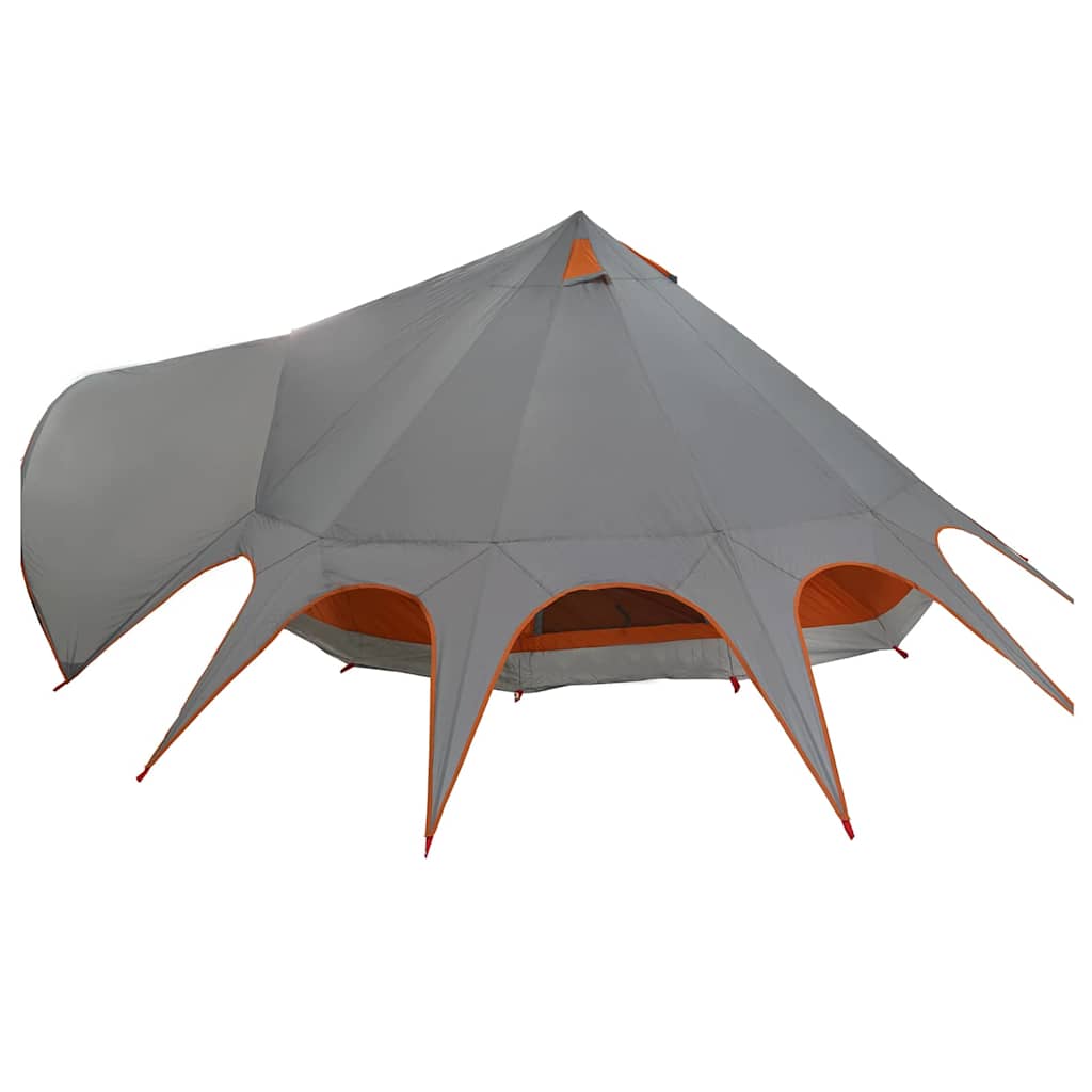 Detail van de grijze en oranje vidaXL teepee tent met unieke, spitse hoeken.