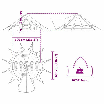Detail van de afmetingen en het ontwerp van de vidaXL Teepee Tent voor 7 personen.