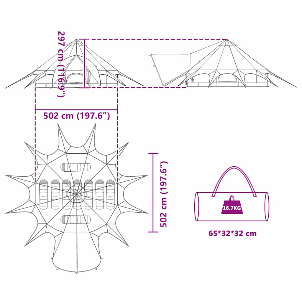 Detailtekening van de vidaXL Teepee Tent met afmetingen en draagtas.