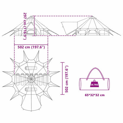Detailtekening van de vidaXL Teepee Tent met afmetingen en draagtas.