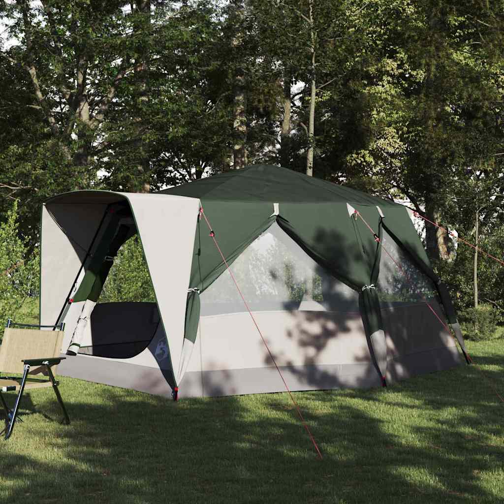 vidaXL 7-persoons groene cabine tent met ruime ingang en ventilatie, geplaatst in een groene omgeving.