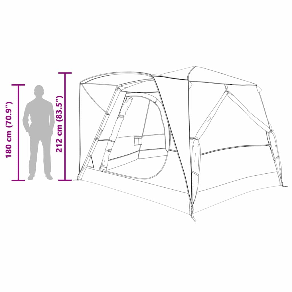 Zijaanzicht van de vidaXL 7-Persoons Cabine Tent met afmetingen en ruimte-indicatie.