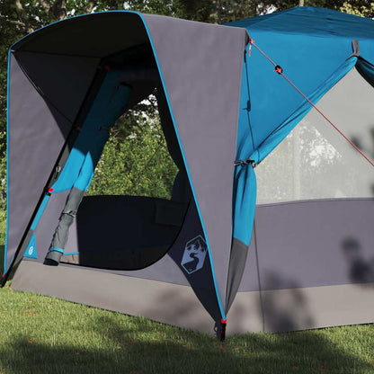 Detail van de vidaXL 7-persoons tent met blauwe dakoversteek en ventilatieopening.