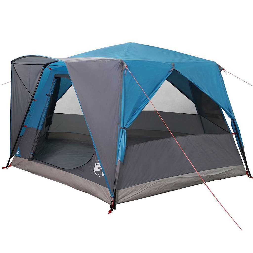 Zijaanzicht van de vidaXL 7-Persoons cabine tent in blauw met grijze details.