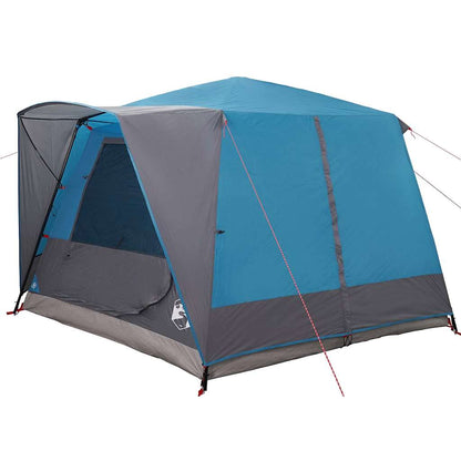 Zijaanzicht van de vidaXL 7-Persoons Cabine Tent in blauw met grijze accenten.