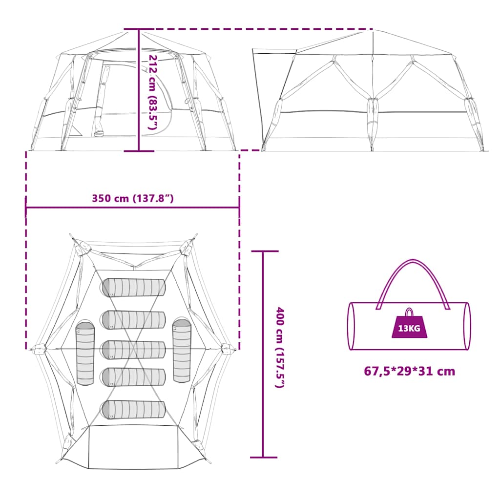 Detailtekening van de vidaXL 7-persoons cabine tent met afmetingen en opbergtas.