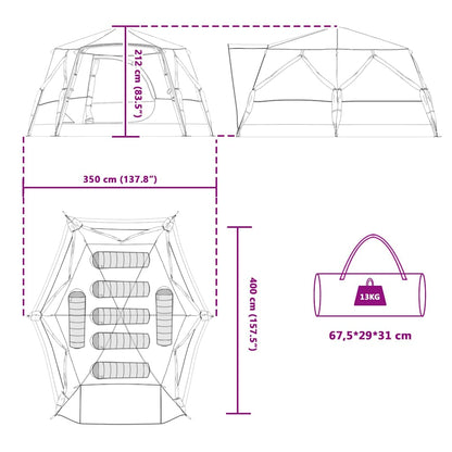 Detailtekening van de vidaXL 7-persoons cabine tent met afmetingen en opbergtas.
