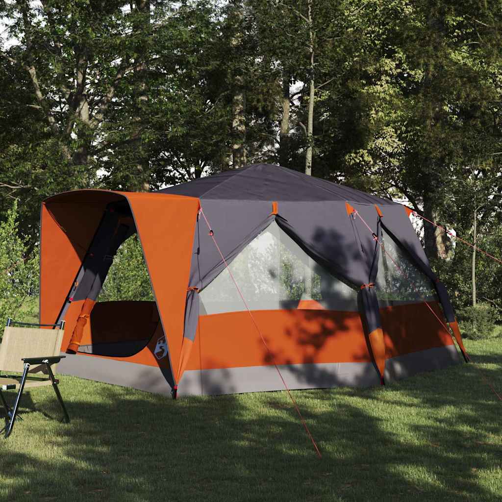 Grijze en oranje vidaXL Cabine Tent voor 7 personen, ruime opzet met grote vensters.