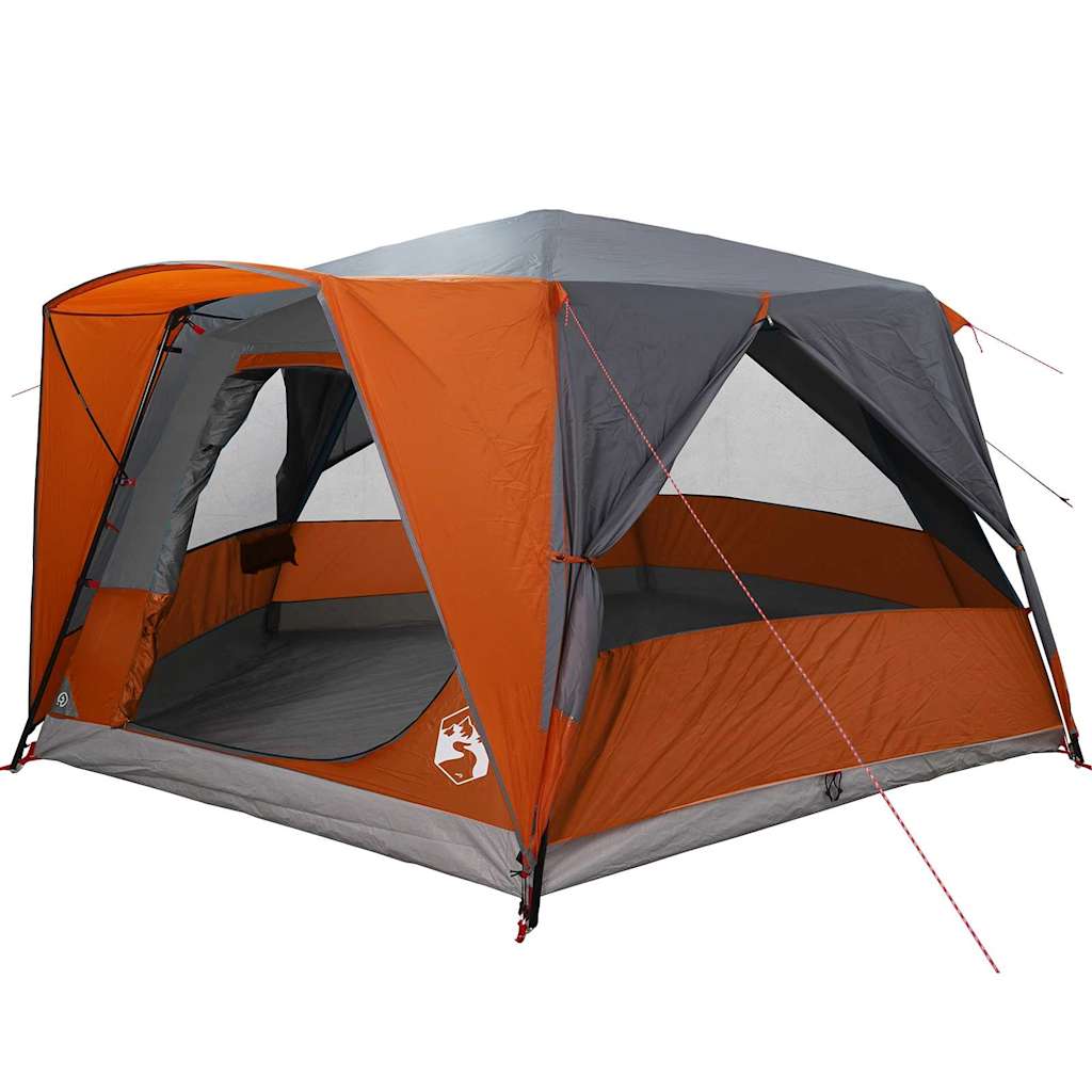 Zijaanzicht van de vidaXL Cabine Tent in grijs en oranje, met open ingang en ventilatieroosters.