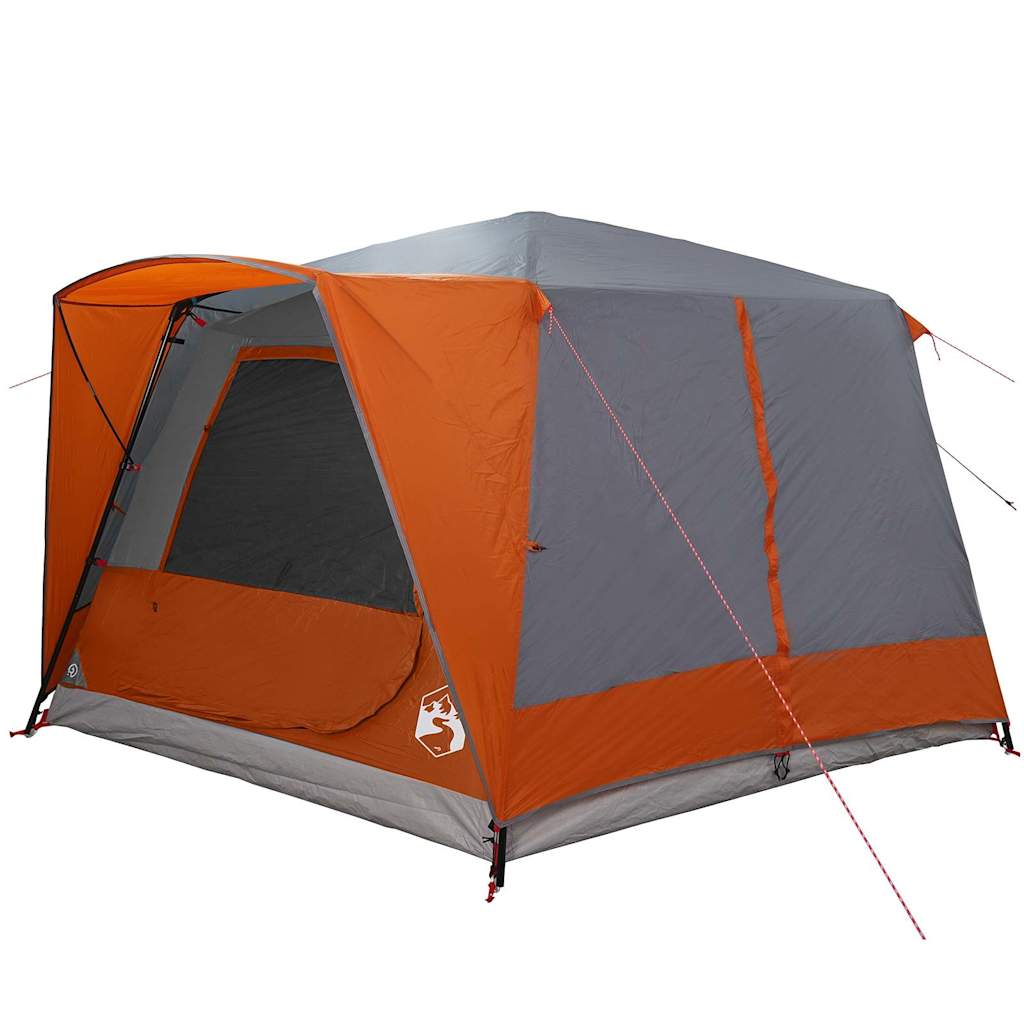 Zijaanzicht van de vidaXL 7-persoons tent in grijs en oranje, met open deur.