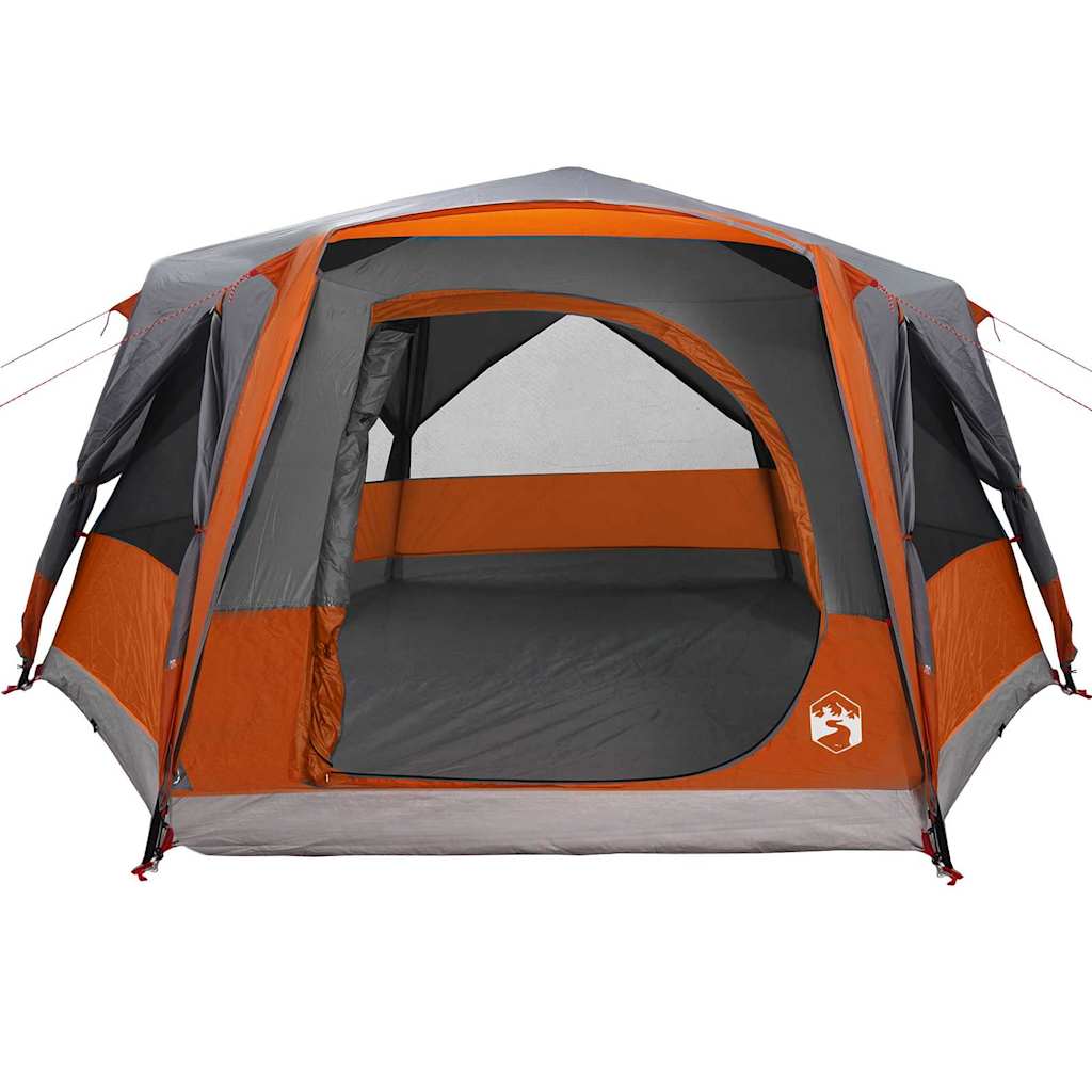 Zijaanzicht van de vidaXL Cabine Tent 7-Persoons in grijs en oranje met open ingang.