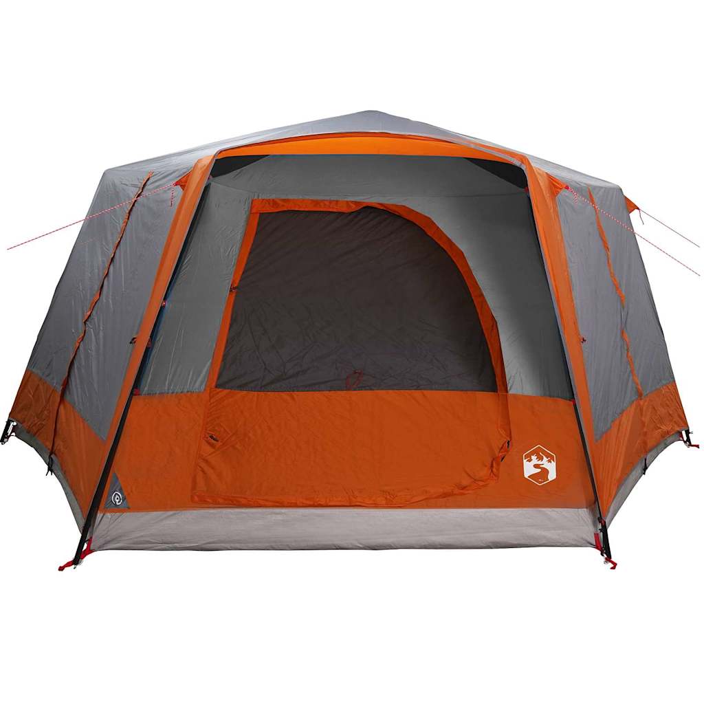 Zijaanzicht van de vidaXL 7-persoons tent met grijze en oranje kleuren en grote ingang.