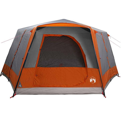 Zijaanzicht van de vidaXL 7-persoons tent met grijze en oranje kleuren en grote ingang.