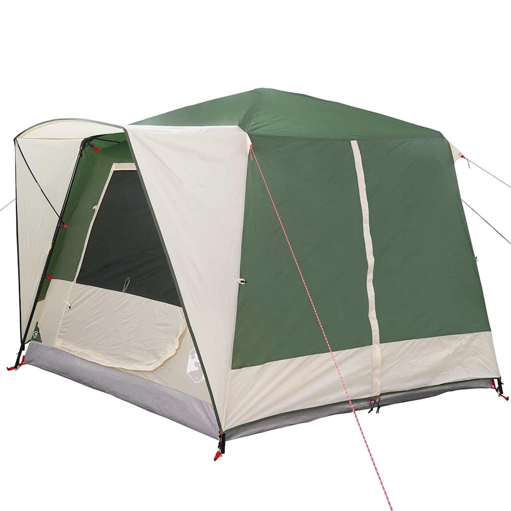 Detail van de vidaXL cabine tent in groen en wit, met een zijaanzicht en open deur.