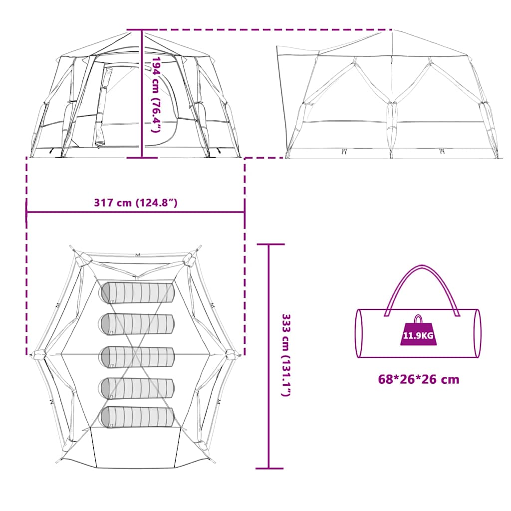 Technische tekening van de vidaXL Cabine Tent met afmetingen en draagtasdetails.