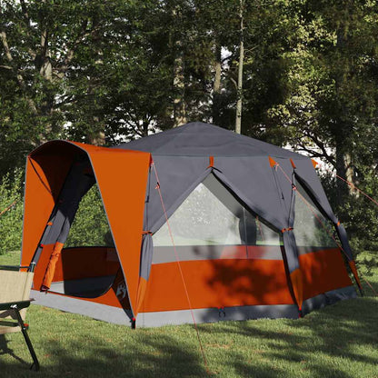 Grijze en oranje vidaXL Cabine Tent voor vijf personen, zijaanzicht in de natuur.
