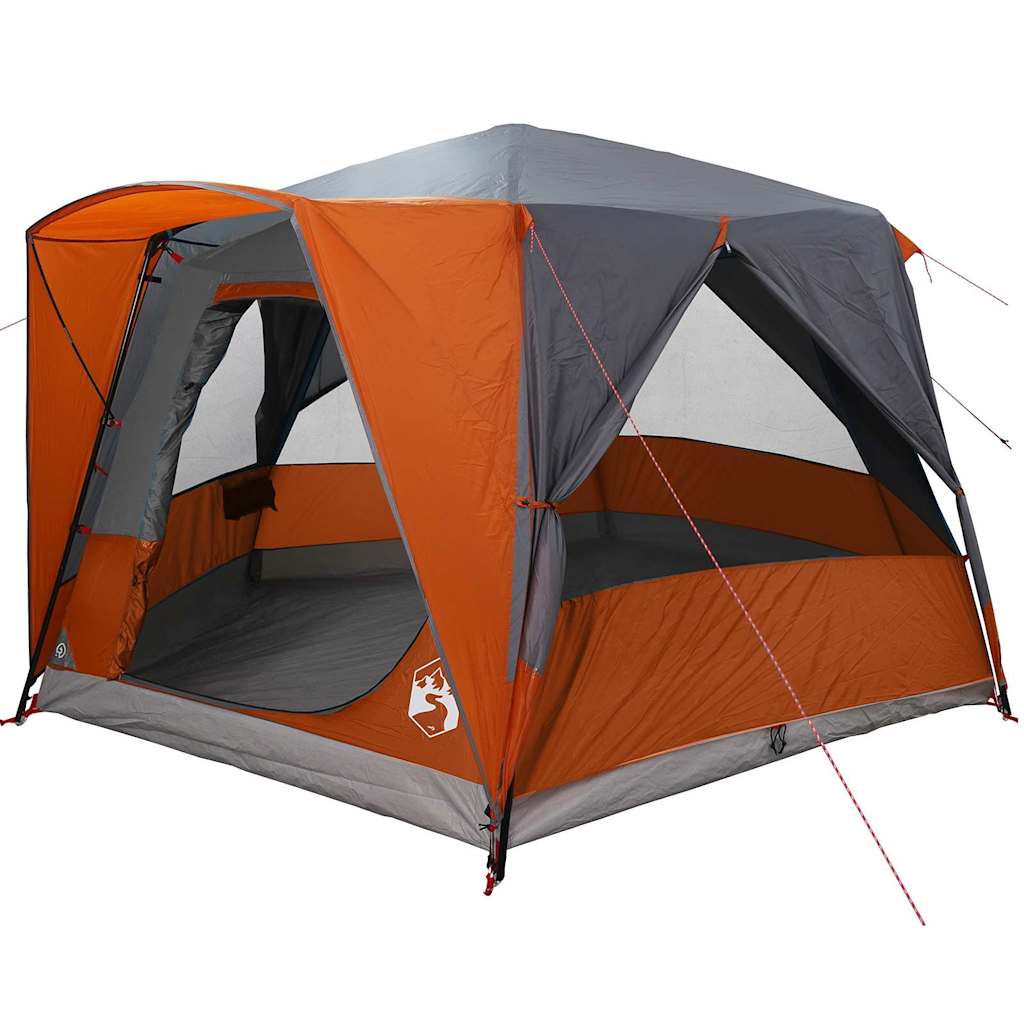 Detail van de vidaXL 5-persoon tent in grijs en oranje, met open ingang en ventilatieramen.