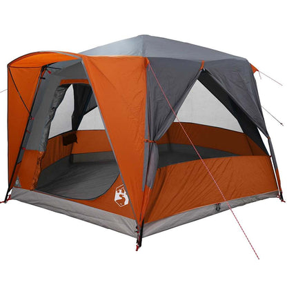 Detail van de vidaXL 5-persoon tent in grijs en oranje, met open ingang en ventilatieramen.