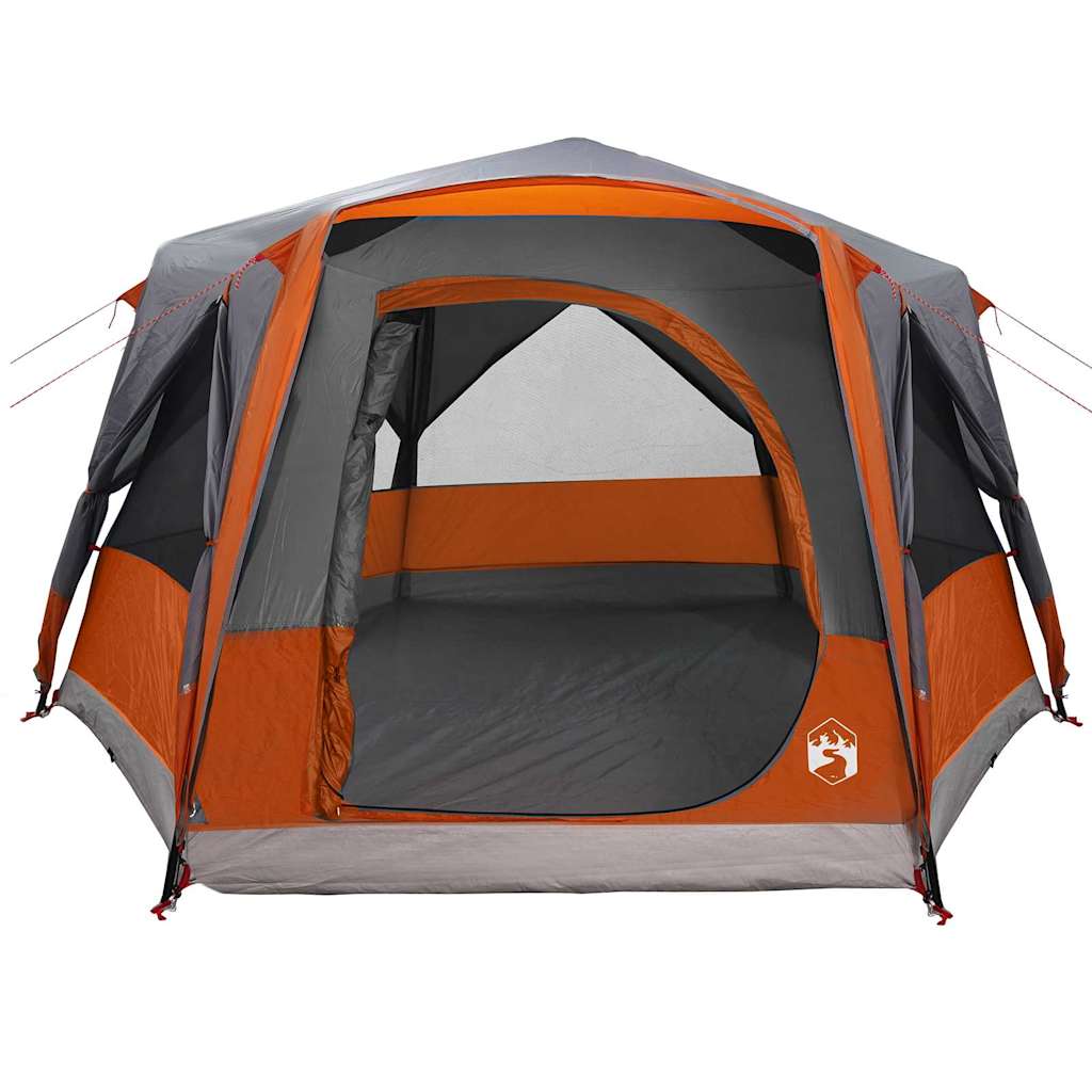 Zijaanzicht van de vidaXL 5-persoon tent met grijze en oranje kleuren en open ingang.