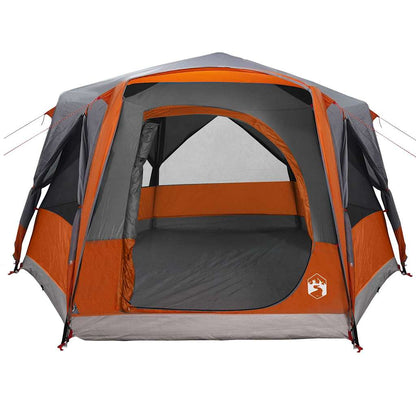 Zijaanzicht van de vidaXL 5-persoon tent met grijze en oranje kleuren en open ingang.