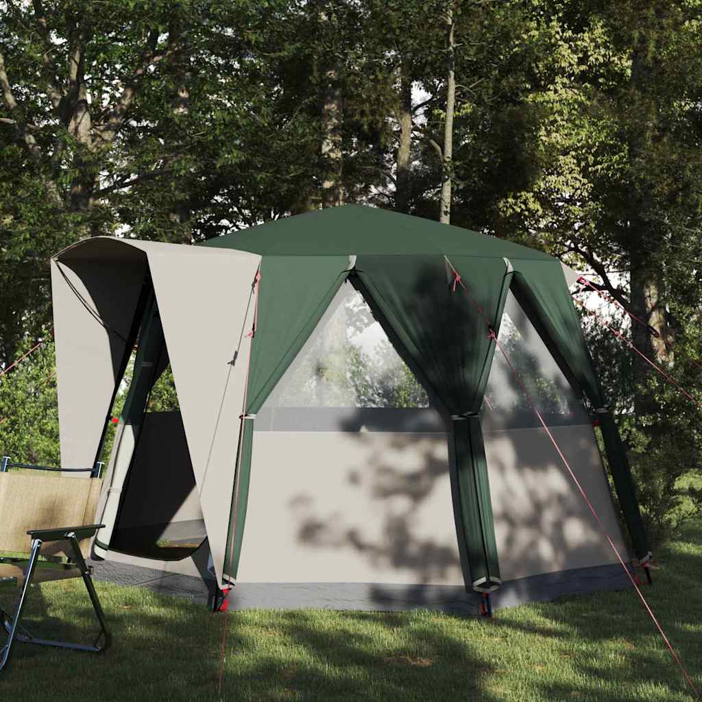 vidaXL Cabine Tent 3-Persoon in groen en wit, zijaanzicht met open ingang en ventilatie.