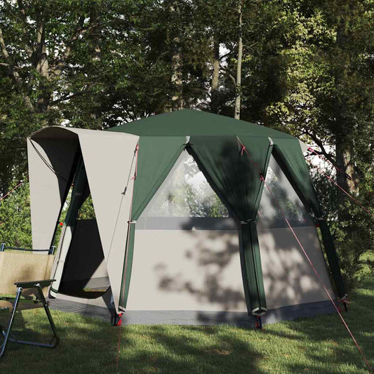 vidaXL Cabine Tent 3-Persoon in groen en wit, zijaanzicht met open ingang en ventilatie.