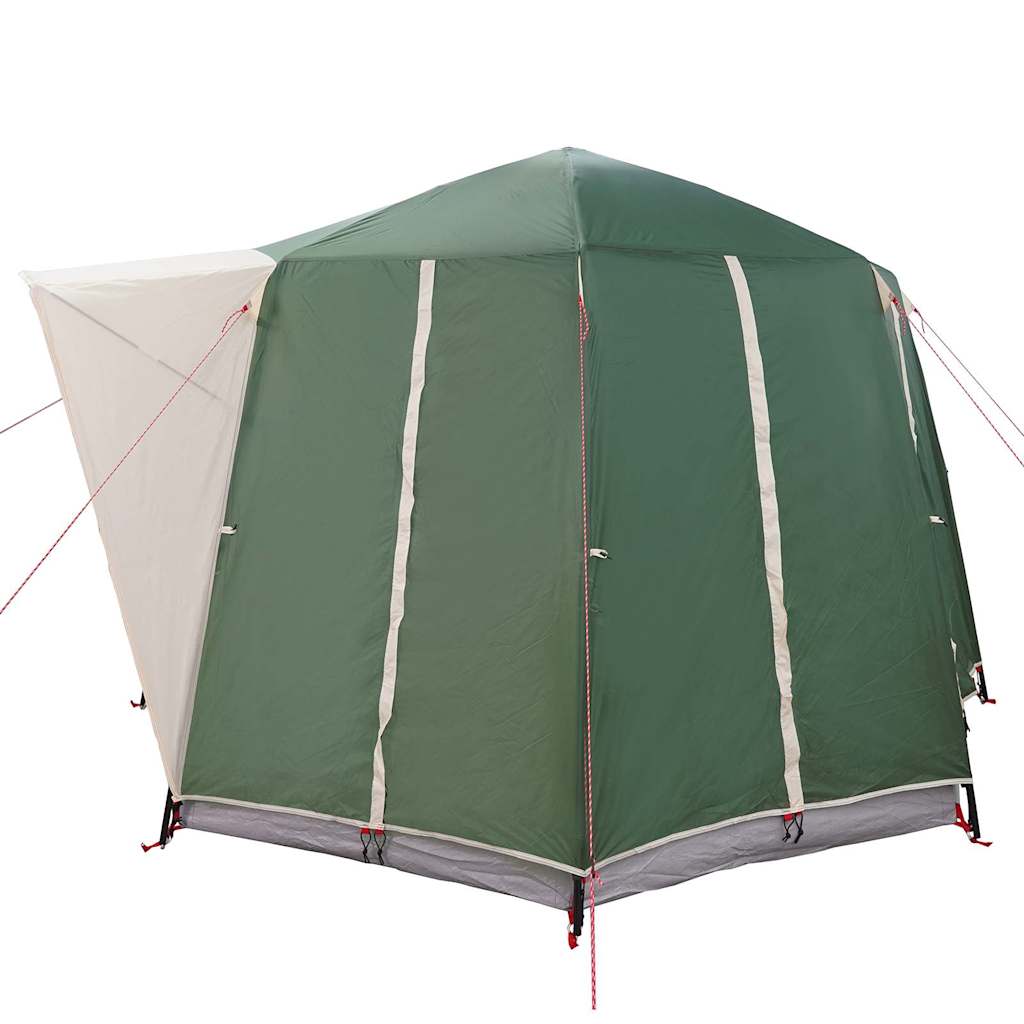 Detail van de vidaXL 3-Persoon Cabine Tent in groen en wit, zijaanzicht met ingangen.