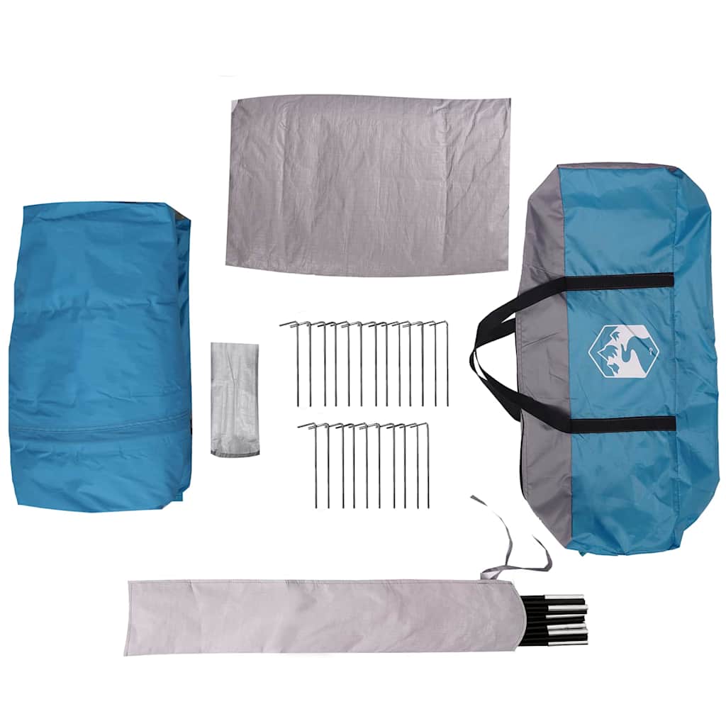 Detail van de vidaXL 3-Persoon tent met opbergzak, stokken en grondpennen.