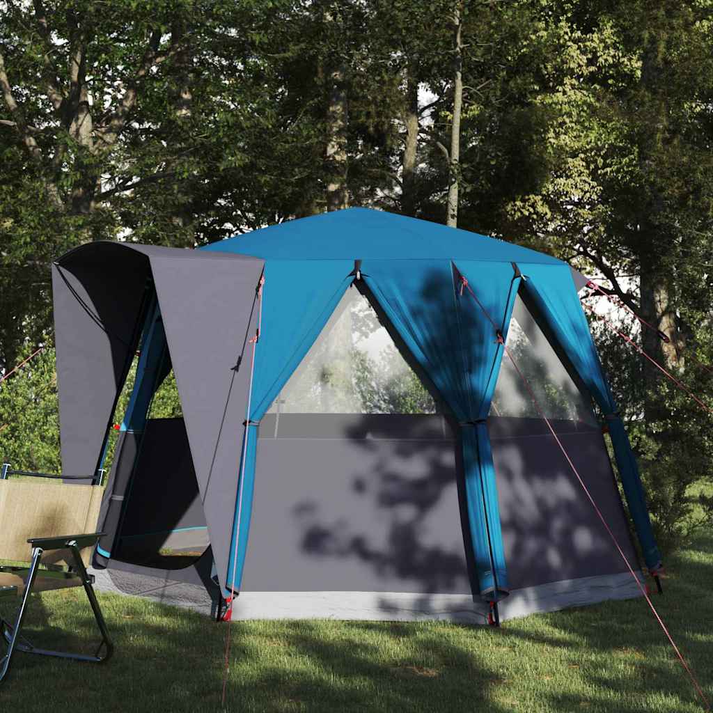 Blauwe en grijze vidaXL Cabine Tent voor drie personen, waterdicht en ruim opgesteld in de natuur.