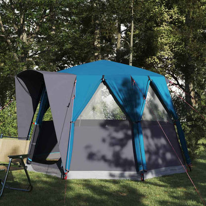 Blauwe en grijze vidaXL Cabine Tent voor drie personen, waterdicht en ruim opgesteld in de natuur.