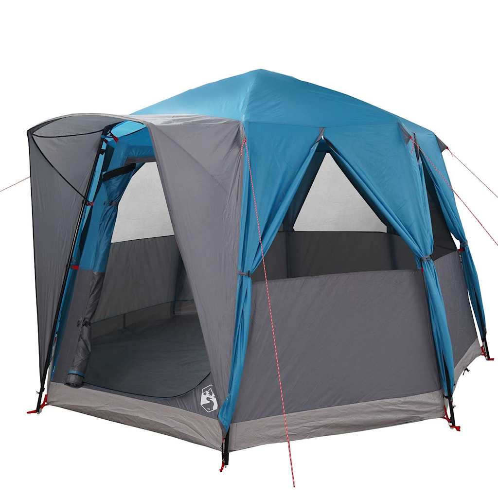 Zijaanzicht van de vidaXL 3-persoon cabine tent in blauw en grijs, met open ingang.