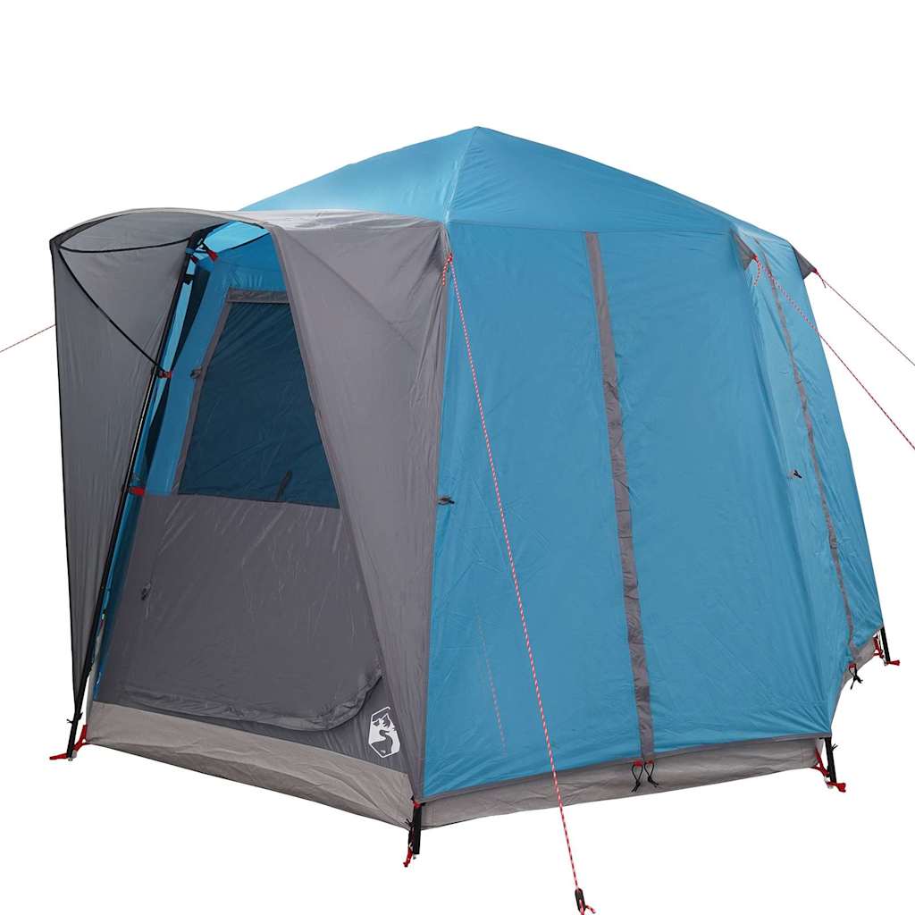 Zijaanzicht van de vidaXL 3-Persoon tent in blauw en grijs, met open ingang.