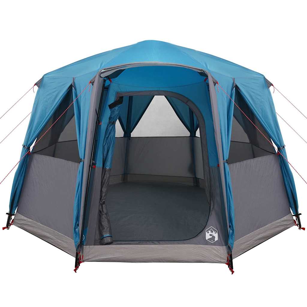 Zijaanzicht van de vidaXL 3-Persoon Cabine Tent in blauw en grijs, met open ingang.