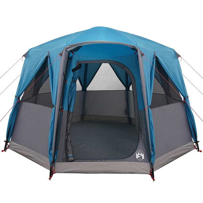 Zijaanzicht van de vidaXL 3-Persoon Cabine Tent in blauw en grijs, met open ingang.