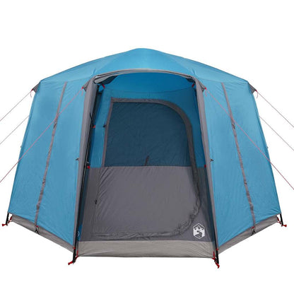 Zijaanzicht van de vidaXL 3-Persoon tent met open ingang en waterdichte blauwe stof.