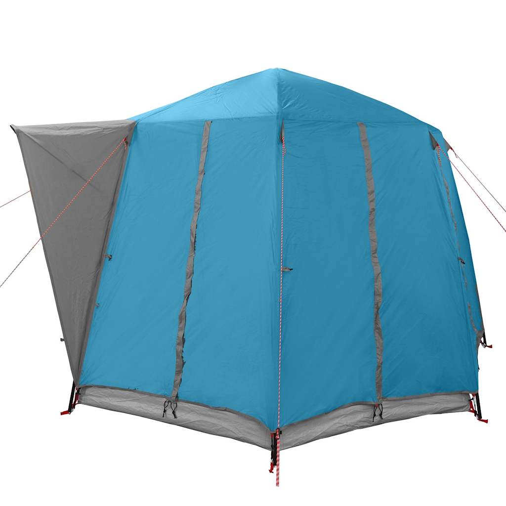 Zijaanzicht van de vidaXL 3-Persoon tent in blauw en grijs, met open ingang.