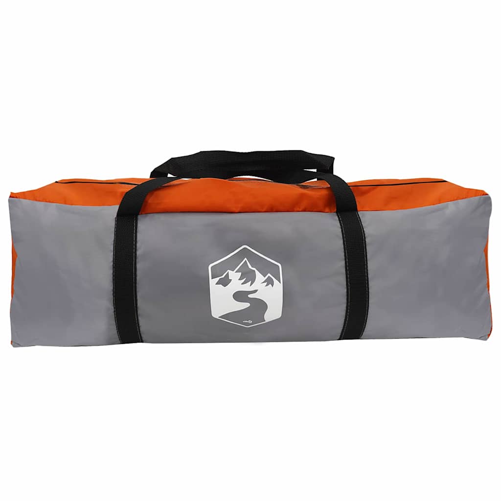 Grijze en oranje vidaXL cabine tent opgevouwen in een handige draagtas.