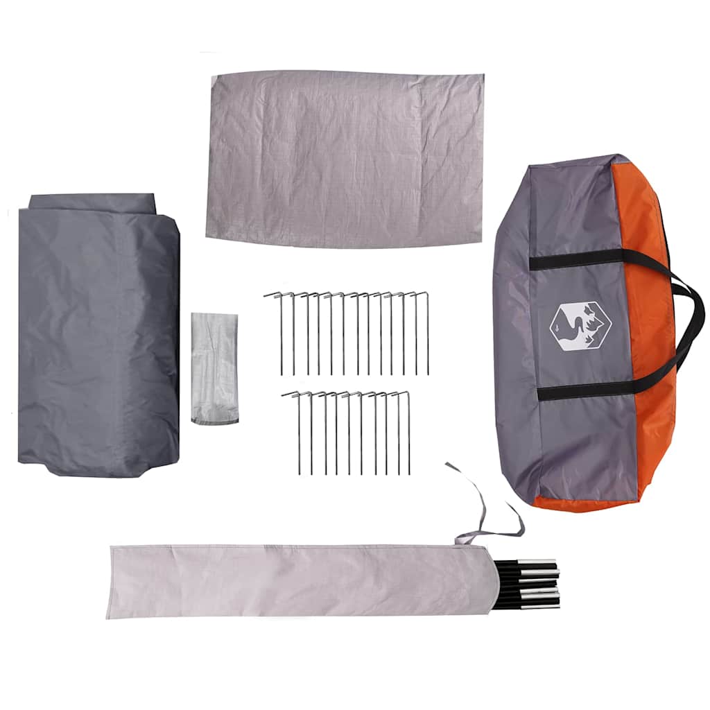 Detail van de grijze en oranje vidaXL 3-persoonstent met accessoires en haringen.