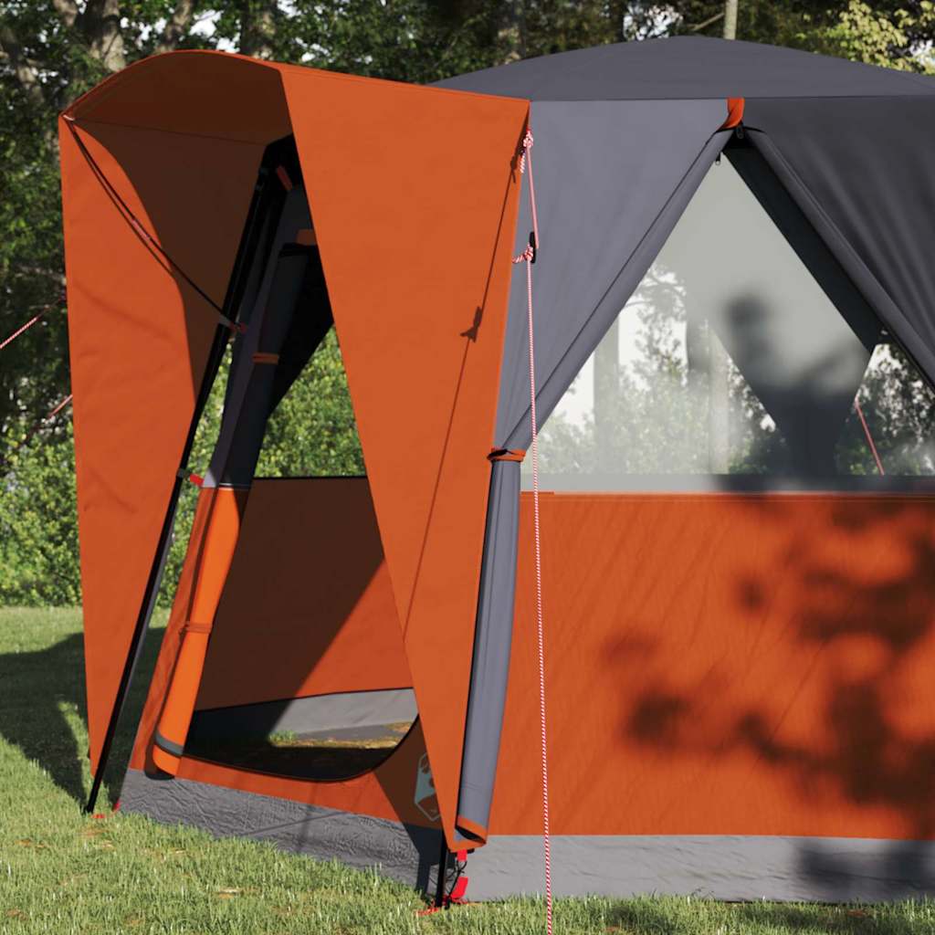 Detail van de vidaXL 3-Persoon tent met grijze en oranje zijwanden en open ingang.