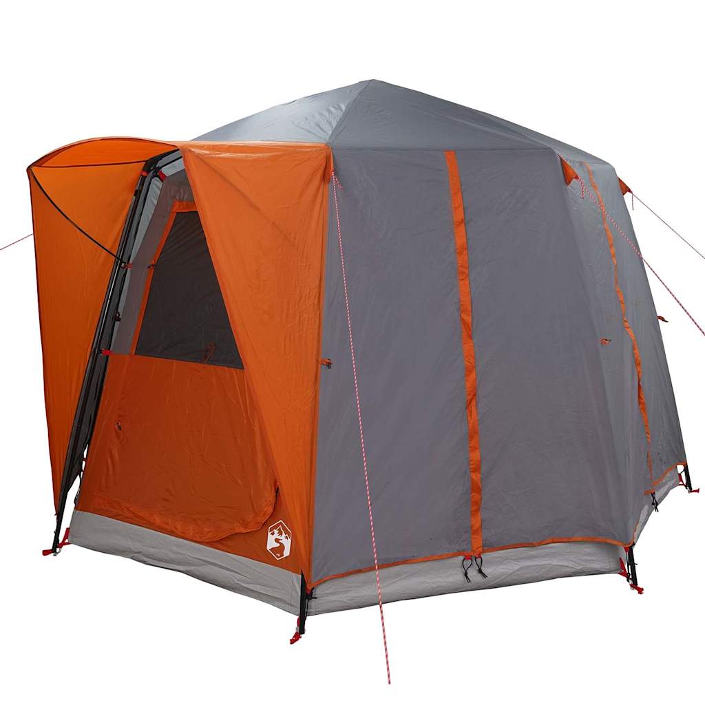 Zijaanzicht van de vidaXL Cabine Tent 3-Persoon in grijs en oranje met open ingang.