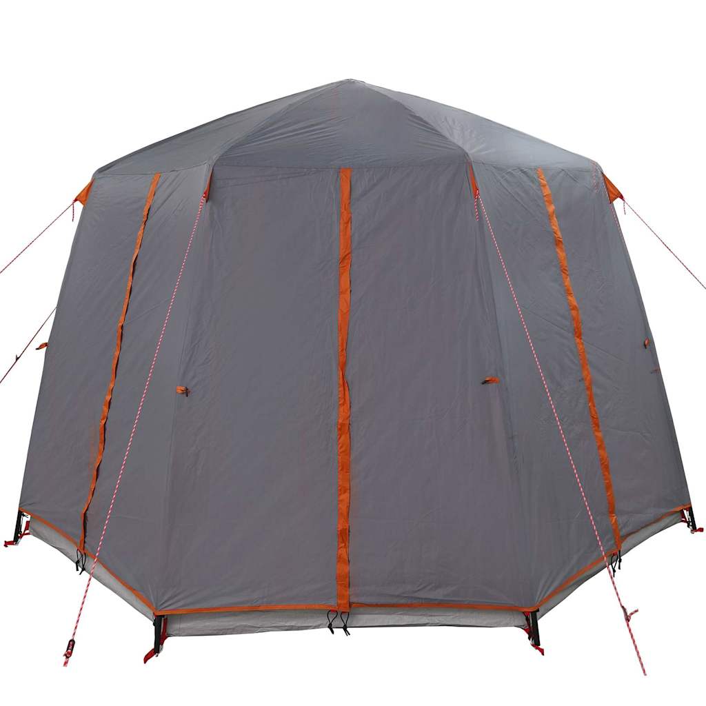 Zijaanzicht van de vidaXL 3-Persoon tent in grijs met oranje details.