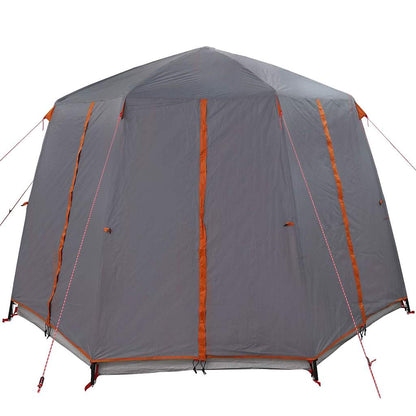 Zijaanzicht van de vidaXL 3-Persoon tent in grijs met oranje details.