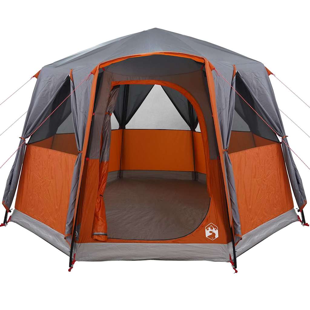 Zijaanzicht van de vidaXL Cabine Tent 3-Persoon in grijs en oranje met open ingang.