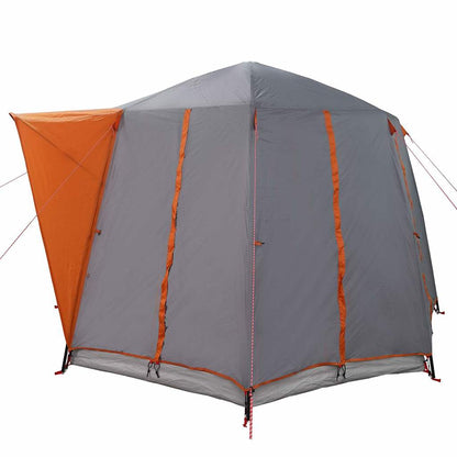 Zijaanzicht van de vidaXL 3-Persoon Cabine Tent in grijs met oranje details.