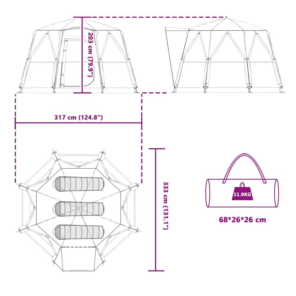 Detailweergave van de vidaXL 3-Persoon tent met afmetingen en opbergzak.