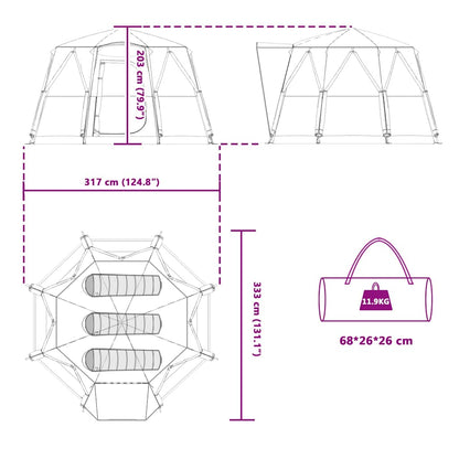 Detailweergave van de vidaXL 3-Persoon tent met afmetingen en opbergzak.